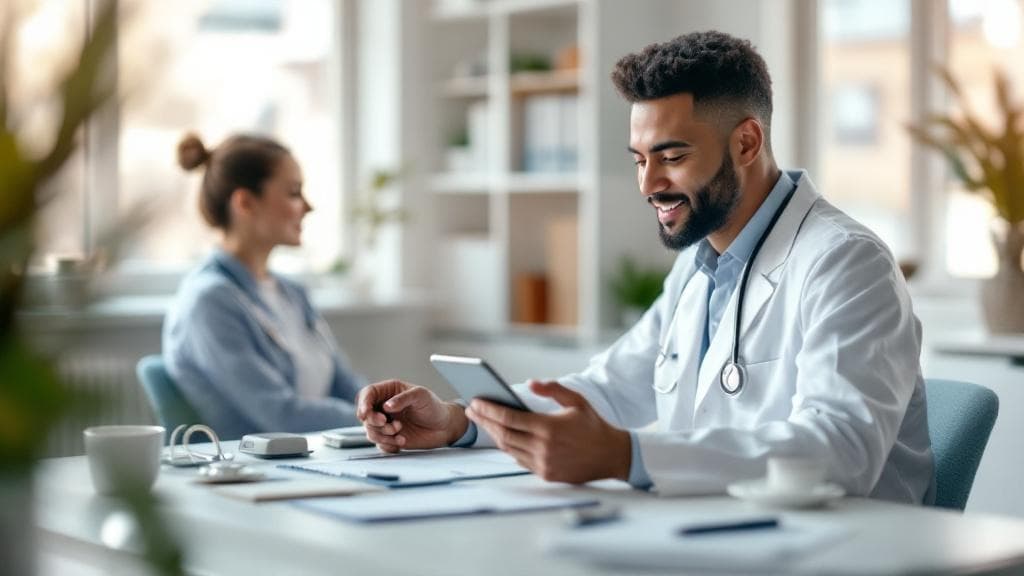 Doctor using ClinicFlow Suite on a tablet in a modern clinic