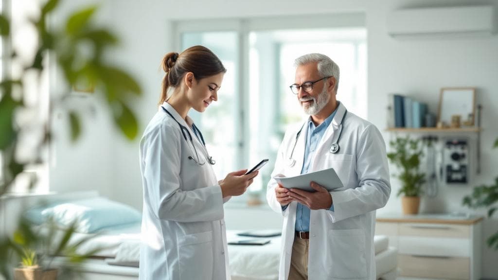 Two physicians collaborating using ClinicFlow Suite